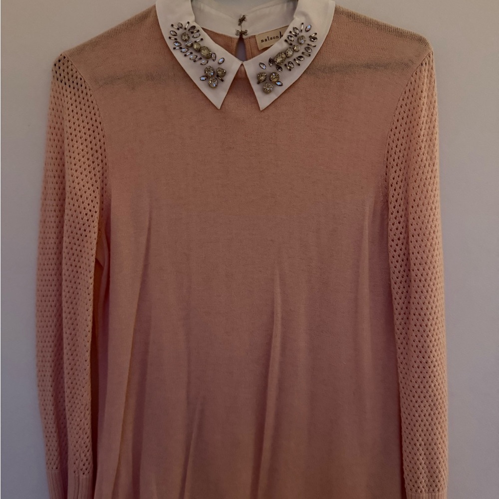Maison Jules Blush Pink Knit Top with Jeweled Collar